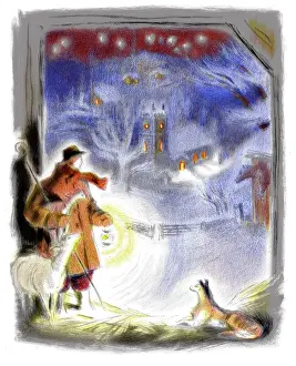 Murrell: Shepherd with lamb & lantern looking at church