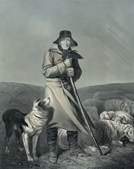 Resignation: Shepherd with sheep and dog. Resignation
