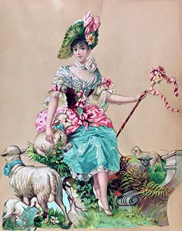 Shepherdess: Shepherdess sitting watching sheep. 19th century