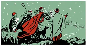 Starry: Shepherds and boy gazing at Bethlehem
