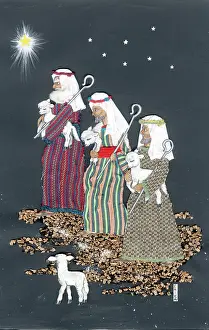 Applique: Three Shepherds with crooks and lambs montage in cloth