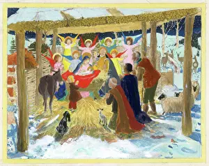 Exultation: Shepherds in Stable with Angels behind Crib