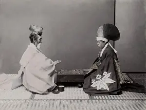 Draughts: Shinto priests (actors) playing board game Go Japan