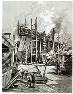 Dockyard: Ship construction in a British dockyard, WW1