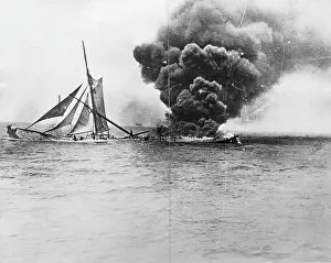 Billowing: Ship on fire in mid-ocean, WW1