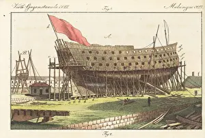 Engraved Plates: Ship of the line under construction in a shipyard, 1800s