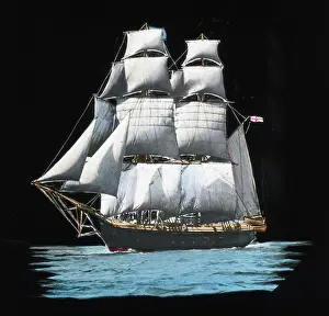 Fram: Ship in full sail in Arctic night (probably Nansen's 'Fram')
