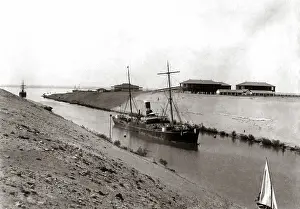 Suez: Ship in the Suez Canal, Egypt, circa 1880s