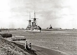 Suez: Ship in the Suez Canal, Egypt, circa 1880s