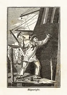 Wedge: Shipwright driving wedges into the stern of a ship