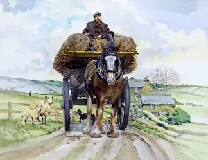 Brasses: Shire horse pulling a hay wagon