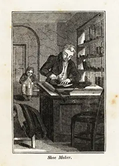 F.c. And J. Rivington: Shoe-maker cutting leather at a table in a shop