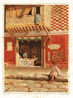 Restorations: Shopfront with an overhanging balcony, Pompeii