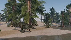 Iguanodont: Shuangmiaosaurus walking along the shoreline
