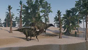 Iguanodont: Two Shuangmiaosaurus walking along the shoreline