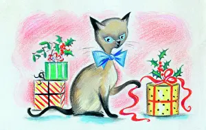 Unwrapping: Siamese Cat with Christmas Presents