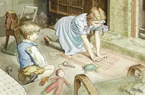 Sibling: Siblings playing with toys near the fire