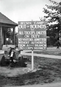 Inhuman: Sign outside Belsen Concentration Camp, Germany