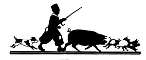 H L Oakley Collection: Silhouette of a boy with pig and piglets