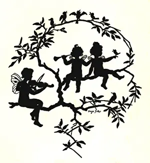 Perch: Silhouette of fairies and birds on a tree branch