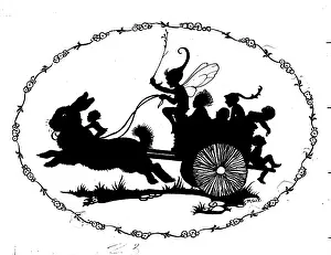 Waggon: Silhouette of fairies in cart pulled by rabbit