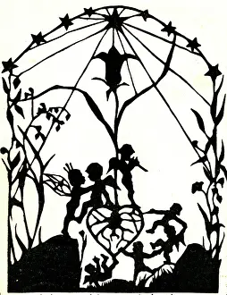Frolic: Silhouette of fairies prancing around heart
