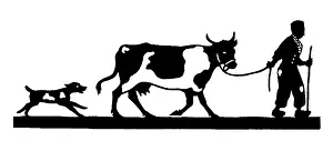 H L Oakley Collection: Silhouette of farmer, cow and dog