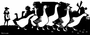 H L Oakley Collection: Silhouette of geese and a windmill
