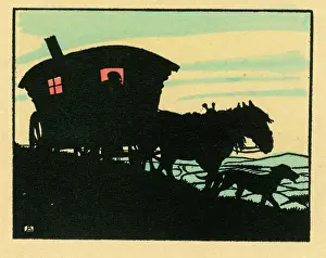 Caravan: Silhouette of horse-drawn gypsy caravan