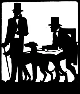 Coursing: Silhouette of two men with dogs