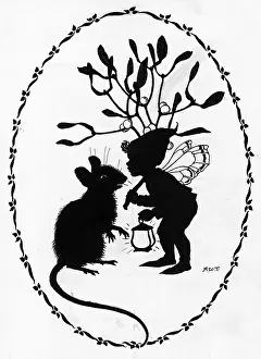 Silhouette of Mouse and Elf with Mistletoe