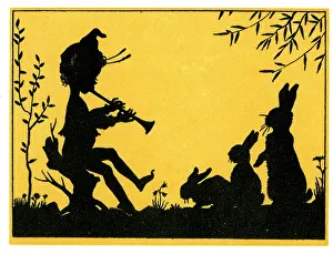 Rabbits: Silhouette, Piper Play a Merry Tune