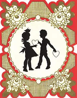 Exchanging: Silhouetted boy and girl exchanging Valentines