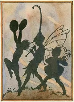 Elfin: Three silhouetted elfin musicians