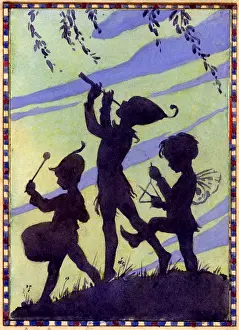 Elfin: Three silhouetted elfin musicians