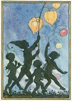 Fairyland: Silhouetted pixies with lanterns