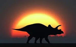 Stance: A silhouetted Triceratops strolling past a setting Sun at ?