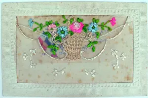 Commemorativeart: Silk postcard embroidered with flowers in a basket