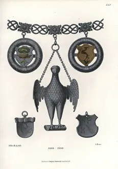 Amulet: Silver chain with eagle amulet, coats of arms, and shields