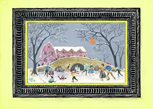 Aldridge: Skaters on a frozen river with bridge
