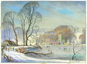 Snowscene: Skaters on a river in front of a church