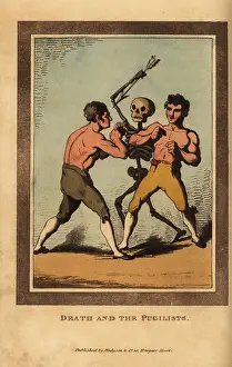 Glutton: Skeleton of death aiming a dart at bareknuckle boxers