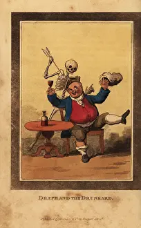 Cudgel: Skeleton of death aiming a dart at a corpulent man