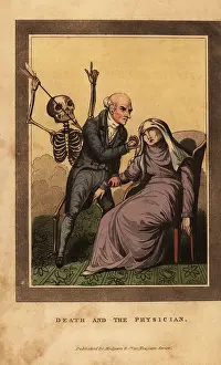 Miser: Skeleton of death aiming a dart at a doctor
