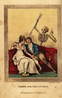 Momus: Skeleton of death aiming a dart at a lovers on a sofa