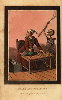 Assen: Skeleton of death aiming a dart at a miser