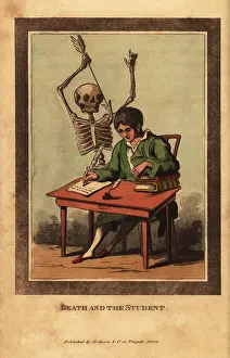 Assen: Skeleton of death aiming a dart at a young man at a desk