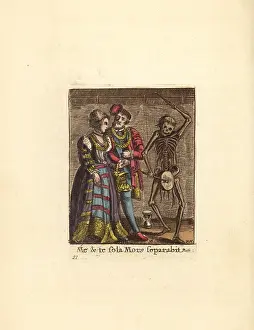 Hollar: Skeleton of Death beating a drum for a newly married couple