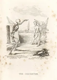 J. Andrews: The skeleton of Death bowls a ball at a cricketer at bat