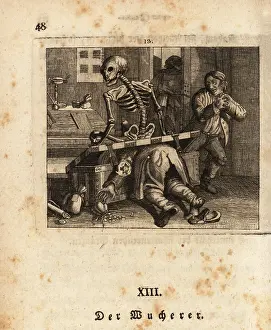 Miser: The skeleton of Death crushing a userer in his
